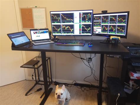 3 and 8ema, 50 and 200 sma, volume, and SPY overlay. Add algo lines, support/resistances, and trend lines to the individual stocks. Thanks for the reply! I was talking more about the physical desk setup, i.e. how your monitors are placed, and just in general what your trading room looks like.