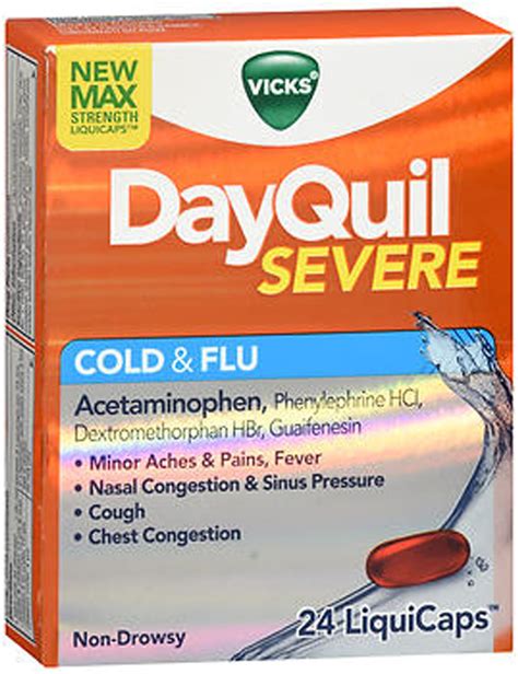 Dayquil for allergies. DayQuil COMPLETE + Vicks VapoCOOL Cold & Flu provides fast and effective, non-drowsy relief for 12 cold and flu symptoms, with a cooling flavour sensation that will ripple through your senses. DayQuil COMPLETE + Vicks VapoCOOL relieves nasal congestion and pain, chest congestion, cough due to cold, cough with phlegm, sore throat pain, headache ... 