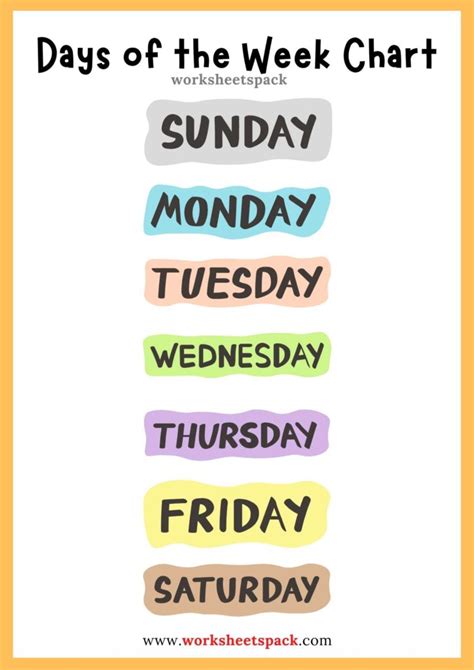 Days of the Week Days of the Week Printable Days of the Week Chart Days
