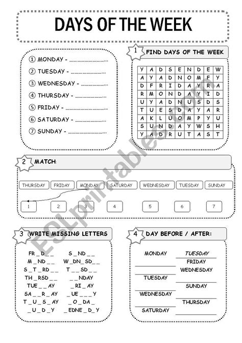 Days of the Week ESL Printable Exercises Worksheet for Kids