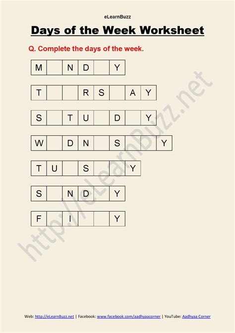 Days of the Week Worksheet for Class 1 eLearnBuzz