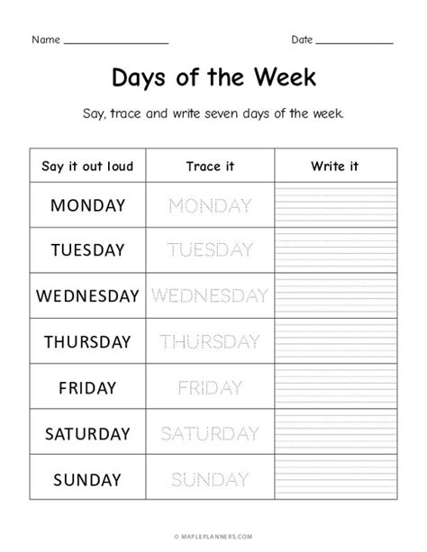 Days of the Week Worksheets Trace and Write