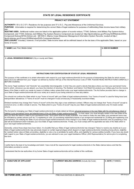 STATE OF LEGAL RESIDENCE CERTIFICATE DD FORM 2058, JAN 2018 PREVIOUS EDITION IS OBSOLETE.