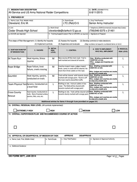 Dd form 2977 example. H. Sleeping in U.S. Army Reserve Command Facility SOP (Sample), page 20 I. First Sergeant or NCOIC Responsibilities, page 23 J. Fire Watch Responsibilities, page 24 ... DD Form 2977 Deliberate Risk Assessment Worksheet (DRAW) DA Form 1594 Daily Staff Journal or Duty Officer’s Log Section IV Referenced Forms 