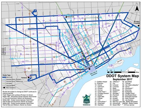 Detroit Department of Transportation provides bus service all over the city of Detroit and a few surrounding suburbs. It consists of (10) 24-7 Core Routes, (2) additional 24-7 routes, (30) Local, Crosstown and Express Routes and ADA paratransit. Customer service number is 1-313-933-1300. 