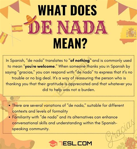 De nada meaning. A term that is widely used in texting and on Facebook, Twitter, Instagram and elsewhere on the internet, but what does nada mean in slang? Most Common Nada Meaning. Nada means nothing. Using Nada. Nada is used as a slang substitute for nothing. / Example. Still up doing nada. Alternative Nada Meanings. 