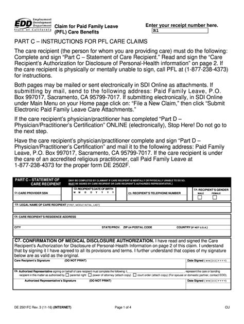 The DE 2501FC form is used for filing a claim for the Paid Family Leave (PFL) program in the state of California. It is required to be filed by employees who need to take time off from work to bond with a new child, care for a seriously ill family member, or to assist with the military deployment of a family member.. 