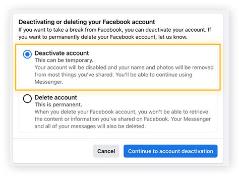 Managing Your Account. Deactivating or Deleting Your Account. What's the difference between deactivating and deleting my account? Temporarily Deactivate Your Facebook Account. Reactivate your Facebook account. Permanently Delete Your Facebook Account. Remove the Facebook account for a medically incapacitated person. About.. 