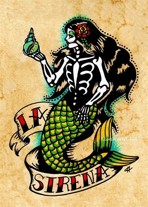 Dead Mermaid Drawing Day of the Dead Tattoo Art LA SIRENA Mermaid