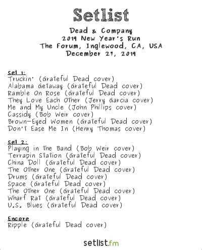 Dead and co charlotte setlist. Jul 5, 2022 · Get the Dead & Company Setlist of the concert at XFINITY Theatre, Hartford, CT, USA on July 5, 2022 from the Summer Tour 22 Tour and other Dead & Company Setlists for free on setlist.fm! 