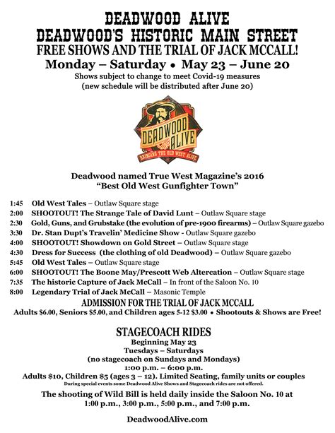 Deadwood calendar of events. The Days of '76 Event Complex is the perfect venue for a sporting events, trade shows and much more. Features. Seating Capacity: 5,000 People; Standing Room Only Space: @ 500 People; Sand/Dirt Arena Floor: 40,000 square feet; Timed Event and Livestock Corral Areas/Multi-Use Area: 12,000 square feet dirt surface; Closed Circuit Television Capable 