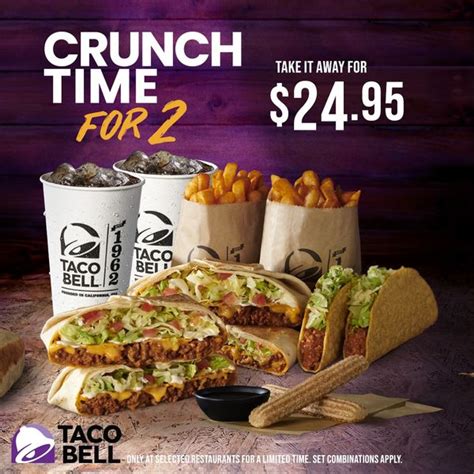 Deals at taco bell. At participating U.S. Taco Bell® locations. Contact restaurant for prices, hours & participation, which vary. Tax extra. 2,000 calories a day used for general nutrition advice, but calorie needs vary. 