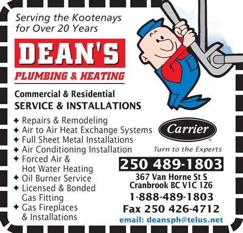 Dean's plumbing. Read or post a review about Dean Plumbing Co Inc. Call for service today. Read or post a review about Dean Plumbing Co Inc. Call for service today. Request a Service. This is a placeholder for the Yext Knolwedge Tags. This message will not appear on the live site, but only within the editor. The Yext Knowledge Tags are successfully installed ... 