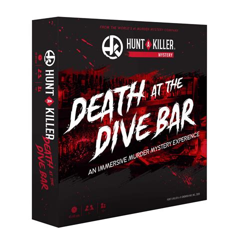 Search Go! Hunt A Killer Mystery Game – DEATH AT THE DIVE BAR! Death at the Dive Bar is an immersive puzzle game solving the death of local bar owner Nick Webster. Use the realistic evidence and documents enclosed to catch Nick’s killer. Ideal puzzle game for beginners . 1 to 5 players age 14+.. 