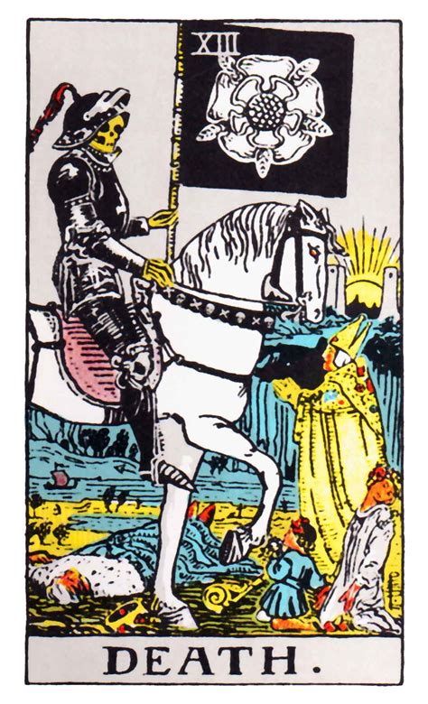 Death card tarot. The Death Card & Tarot Numerology. The Death card is the thirteenth Major Arcanum. Composed of 1 (the creative force of the cosmos) and 3 (here: the cycle of life, death, and rebirth), these two digits add up to 4, symbolizing stability or in this case, inevitability. 