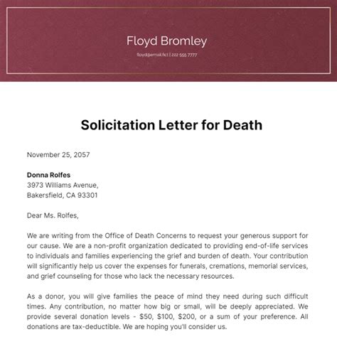 Death solicitation sample.  The document is a letter from a class adviser ...