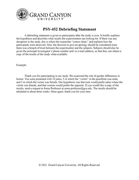 Debriefing statement example. In addition, a signed statement of confidentiality appears to reduce crosstalk ... For a detailed example of a funnel debriefing procedure and the empirical ... 