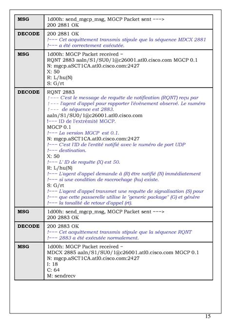 Debug mgcp commands.  The DECODE fields provide an interpretation of the M...