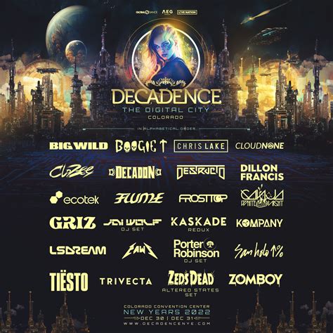Decadence co. As usual, the Decadence NYE festival will be held at the massive Colorado Convention Center located in the heart of downtown Denver at 700 14th St. The venue has more than enough space to occupy ... 