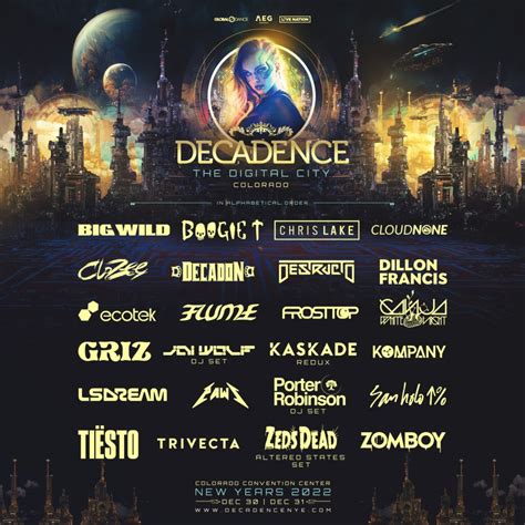 Decadence colorado. Decadence Colorado. Travel to The Digital City this December 30th and 31st for Decadence Colorado. The state’s biggest New Year’s Eve celebration is returning to Denver with a star-studded lineup including artists like Skrillex, Zeds Dead, Ganja White Night, and more. 