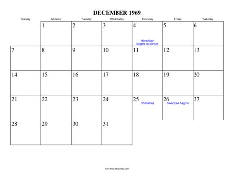 December 1969 Calendar