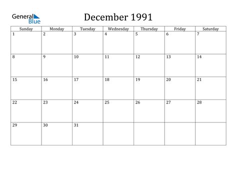 December 1991 Calendar PDF Word Excel