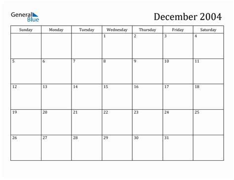 December 2004 Calendar PDF Word Excel