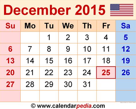 December 2015 calendar templates for Word, Excel and PDF