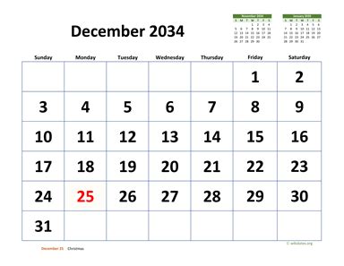 December 2034 Calendar with Bigger boxes