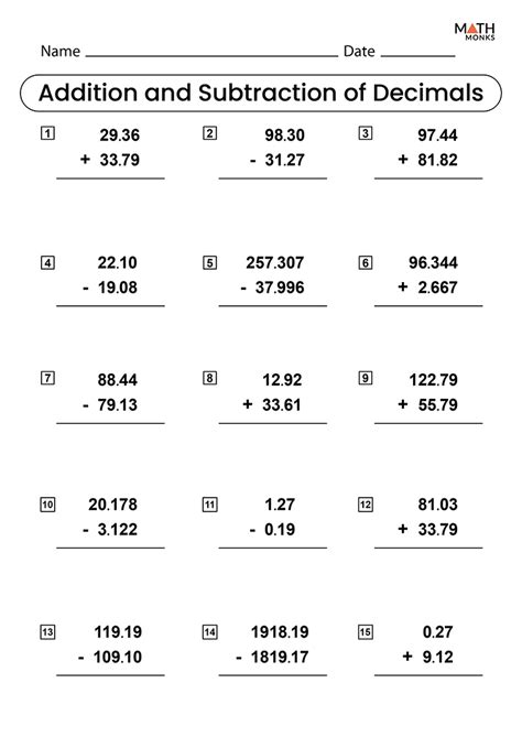 Decimal Add And Subtract Worksheets