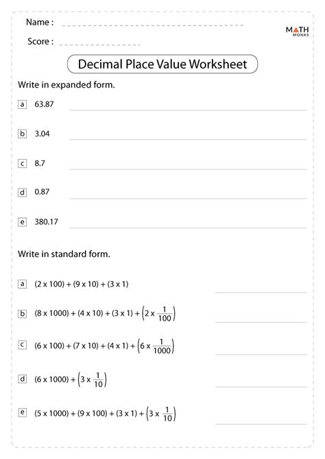 Decimal Place Value Worksheets Math Monks