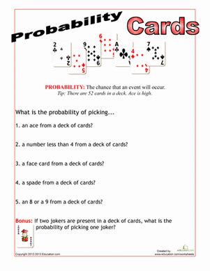 Deck of cards probability activity.  Children do the math and answer the questions...