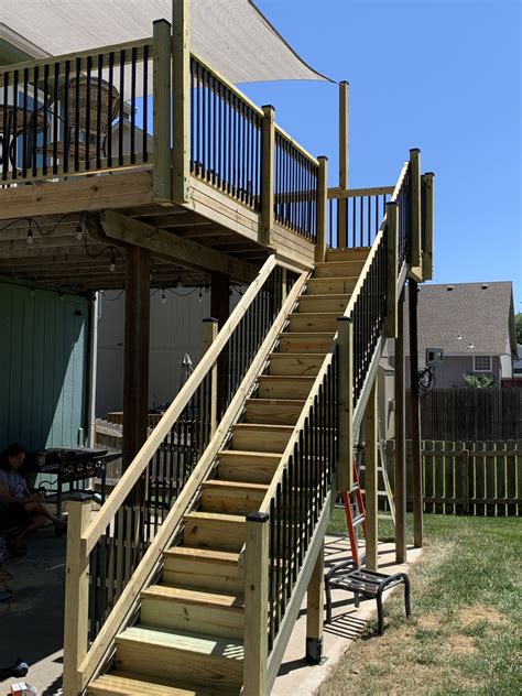 Deck stair. Exterior stair width code. As a means of egress, exterior exit stairs must meet all the requirements set forth in IBC section 1011.2 Width and capacity. The minimum width of the stairway shall be 44″, unless the stairway serves an occupancy of less than 50, in which case the minimum width is 36″. 