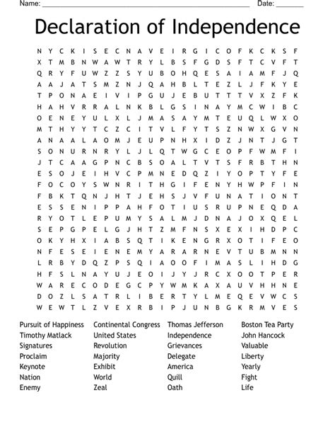 Declaration of Independence Word Search WordMint