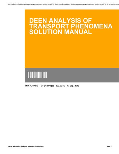 Deen analysis of transport phenomena solution manual. - A manual for young pastors and older ones too by jim phillips.
