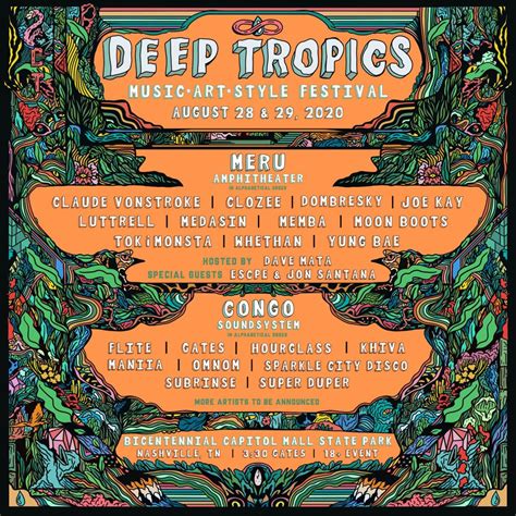 Deep tropics. Aug 31, 2023 · Deep Tropics, a music, arts and style festival, launched in in 2017, bringing a diverse line-up of electronic artists to three stages at Bicentennial Capitol Mall State Park every August. 
