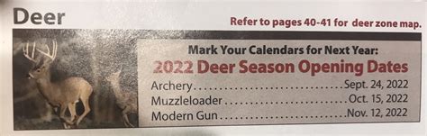 2022-2023 Proposed Deer hunting dates . DEER AREA 1 . Either-Sex Archery: Oct. 1 - Jan. 31: Primitive Firearms: Nov. 12 - 18 ... 2022-2023 PROPOSED MIGRATORY BIRD SEASON. 