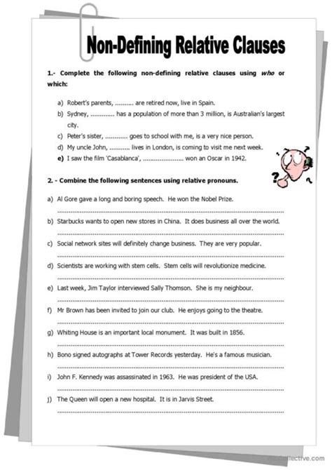 Defining and NonDefining Relative Clauses Worksheet