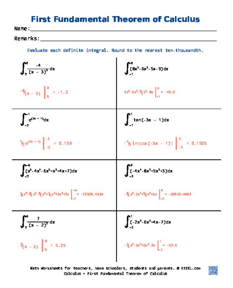 Definite Integral Worksheet Pdf
