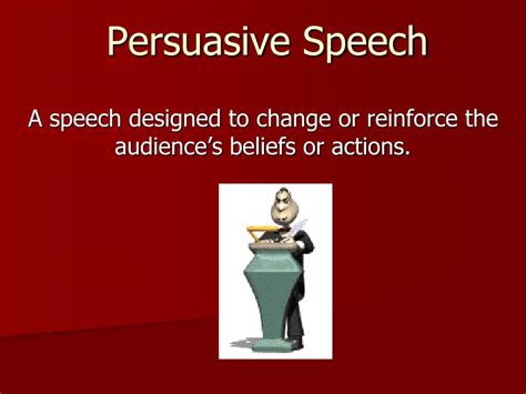 Persuasive speech. Persuasive speeches help convince an audience that the speaker has the right opinion on a particular topic. Persuasive speeches can cover any topic from entertainment to something more serious like politics. Typically, speakers use concrete evidence to better persuade their listeners and gain their support.. 