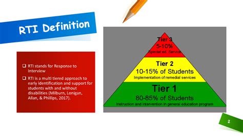 Response to Intervention (RtI) is a system of timely detection and prevention to support students who are potentially at risk. The goal is to assist them before they fall behind. In RtI, instructional services are organized as tiers, with Tier 1 representing high-quality core instruction for all students. Tier 2 supplements. 