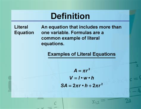 DefinitionEquation ConceptsLiteral Equation Media4Math