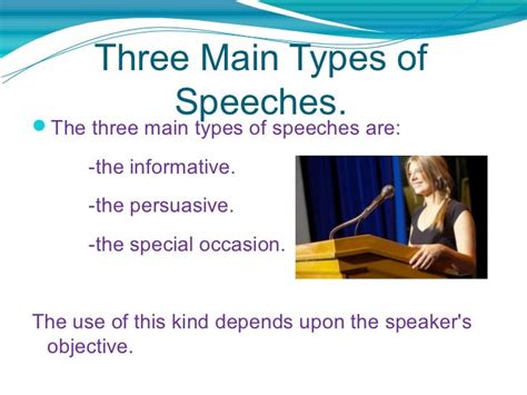 Definitional Speeches. In definitional speeches the speaker attempts to set forth the meaning of concepts, theories, philosophies, or issues that may be unfamiliar to the audience. In these types of speeches, speakers may begin by giving the historical derivation, classification, or synonyms of terms or the background of the subject. . 