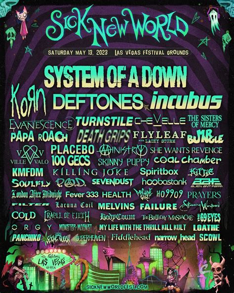 May 14, 2023 · May 14, 2023. Last night (May 13th), the nu-metal event of the year, Sick New World festival, finally happened. Korn, Deftones, Incubus, Coal Chamber, Evanescence and more played like it was 1999 at the massive one-day event in Las Vegas, but the highlight of the night seemed to be the headliners System of a Down. . 