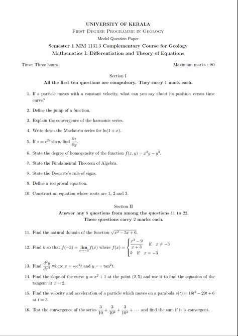 Degree 1st year maths model papers. 3 Complementary Course for Geology Ma...