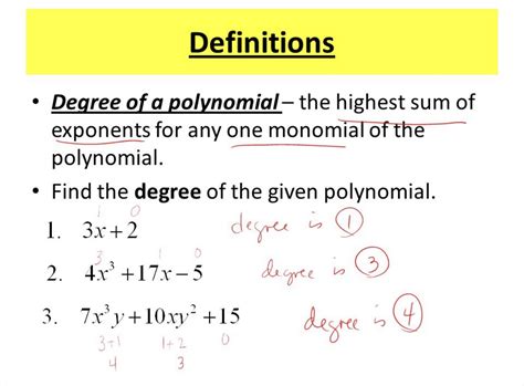 Degree in math. The degree of a term with whole number exponents is the sum of the exponents of the variables, if there are variables. Non-zero constants have degree 0, and the ... 