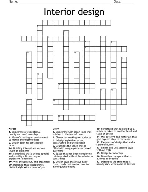 Interior design crossword clue. Written by krist June 25, 2021. On this page you will find the solution to Interior design crossword clue. This clue was last seen on Eugene Sheffer Crossword June 25 2021 Answers In case the clue doesn't fit or there's something wrong please contact us.. 