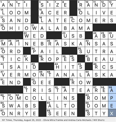LAYS. This crossword clue might have a different answer every time it appears on a new New York Times Puzzle, please read all the answers until you find the one that solves your clue. Today's puzzle is listed on our homepage along with all the possible crossword clue solutions. The latest puzzle is: NYT 10/12/23. Search Clue:. 