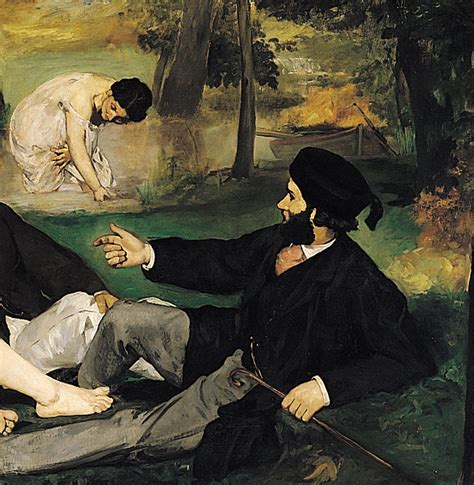 Le Déjeuner sur l'herbe, or The Luncheon on the Grass, is a larger oil on canvas painting by French artist Édouard Manet. Painted between 1862 and 1863, it shows a female nude casually having a picnic with two clothed young men. The woman's pale body is starkly lit as she looks directly at the viewer. In front of them is a basket of fruit and ....