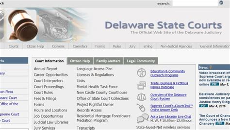 Delaware courts website.  A web page that lists and provides information about vario...